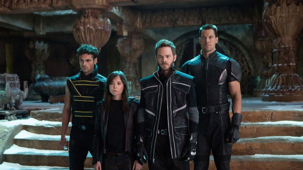 Zleva Adan Canto, Ellen Page, Shawn Ashmore a Daniel Cudmore ve filmu X-Men Budoucí minulost, 2014