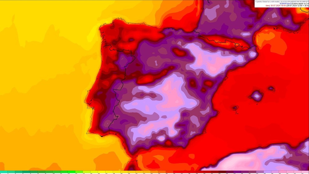Maximální teploty dnes na Pyrenejském poloostrově, 30. 7.