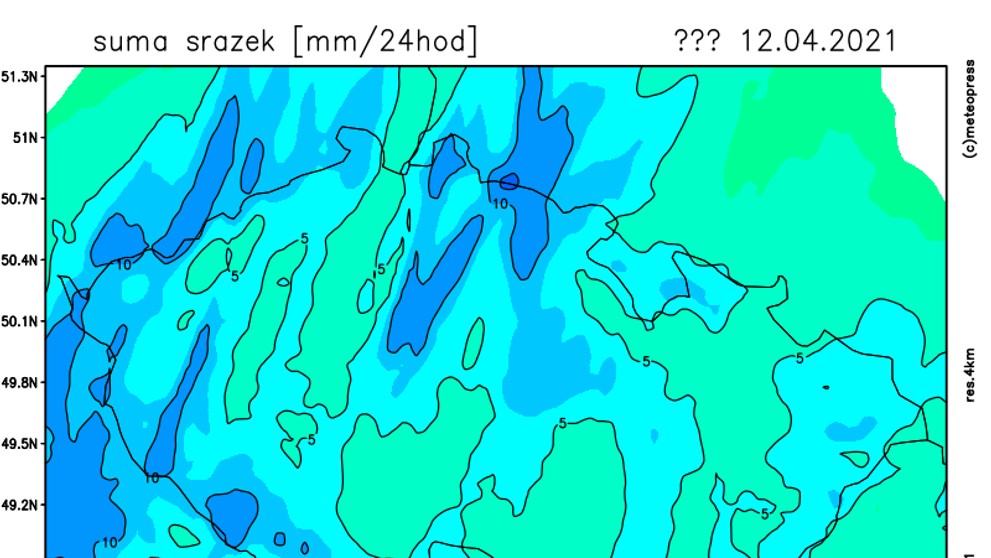 Mapa srážek - pondělí 12. dubna