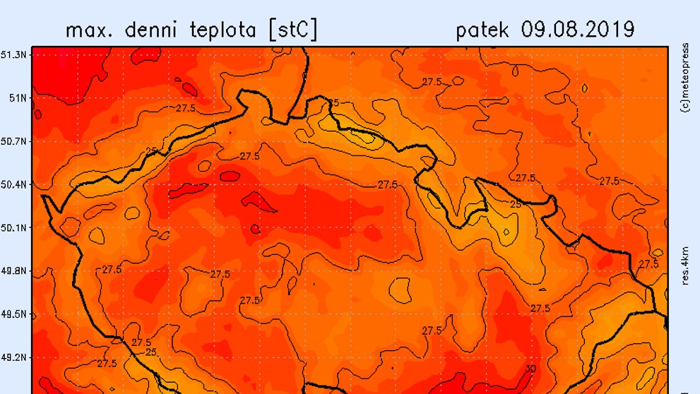 Teplotní mapa - pátek 9. 8. 2019