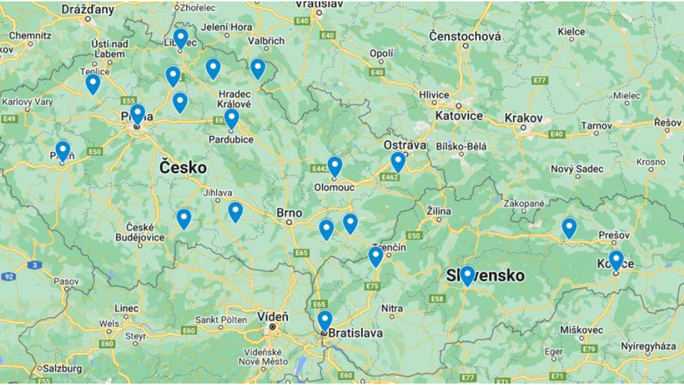 MAPA Do výzkumu se zapojilo 15 českých a 5 slovenských gymnázií