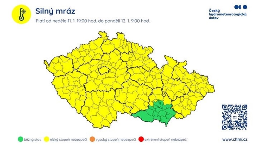 Výstraha před silným mrazem od nedělních 19 hodin