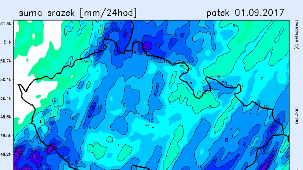 Mapa srážek na pátek 1.9. 2017