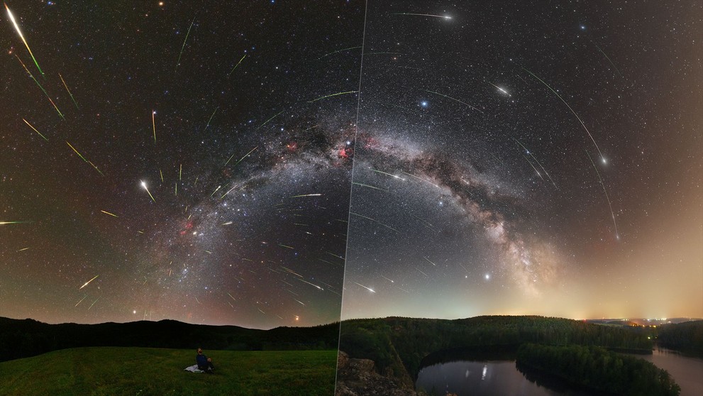 Srovnání meteorického roje mezi Parkem tmavé oblohy Poloniny (vlevo), který leží stovky kilometrů od velkoměst, a Sečskou přehradou (vpravo)