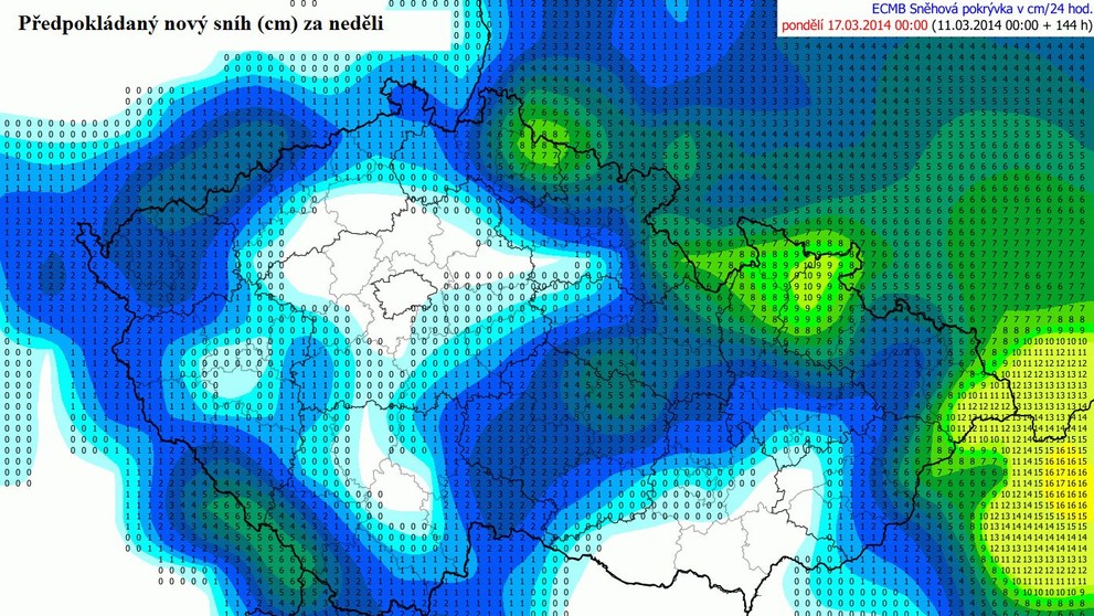 Předpokládaný nový sníh za neděli 16. 3.