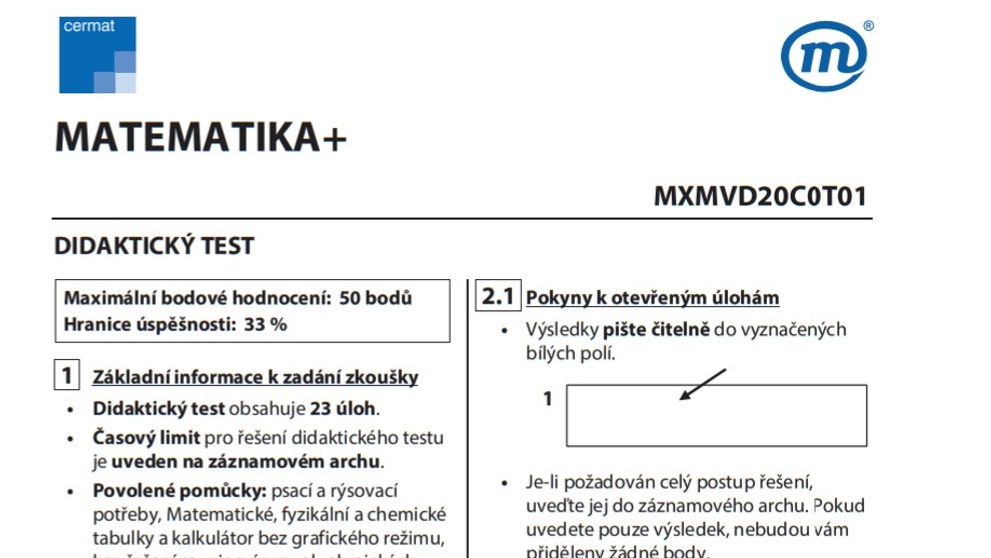 Didaktický test z vyšší úrovně matematiky - 1