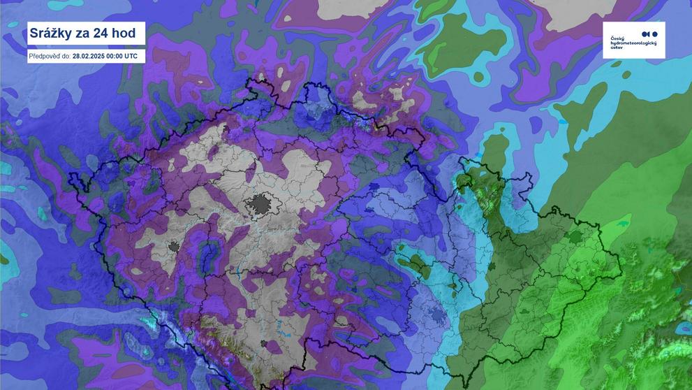 Srážky za 24 hodin, předpověď do 28. 2. 2025