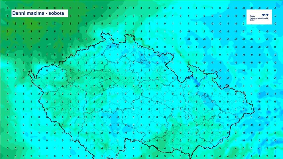 Mapa maximálních denních teplot 