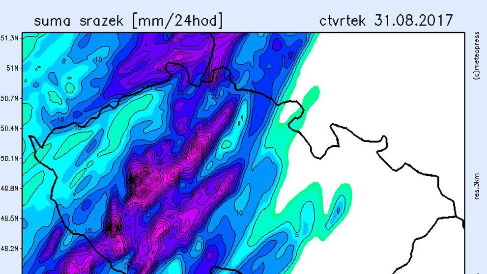 Mapa srážek na čtvrtek 31.8. 2017