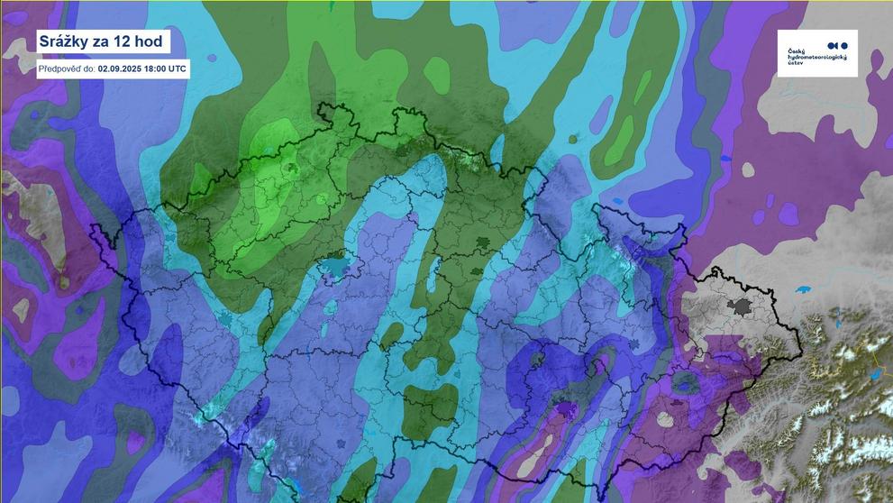 Srážky za 12 hodin, předpověď do 2. 9. 2025 18:00