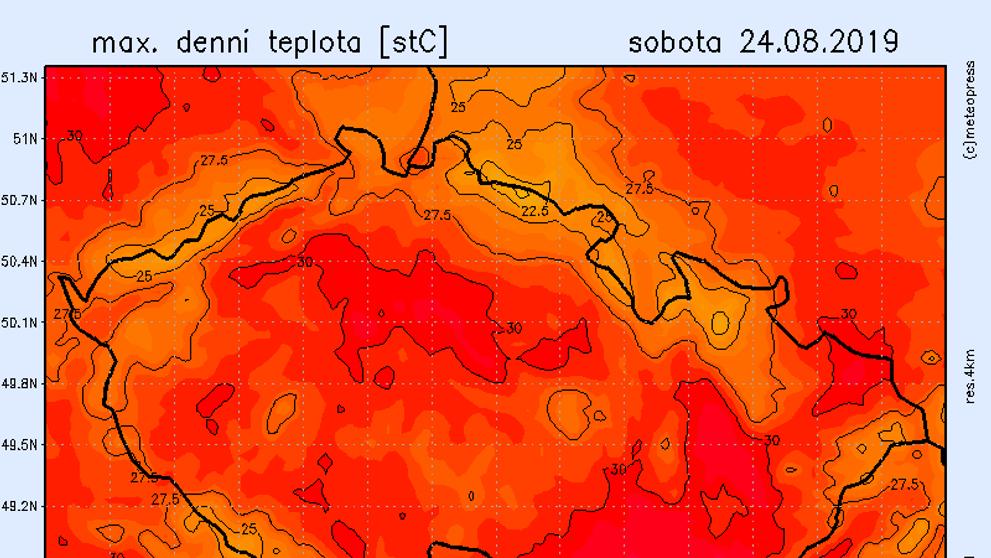 Teplotní mapa - sobota 24. 8. 2019