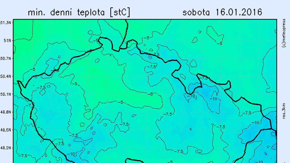 Mapa mrazu - sobota 16. ledna