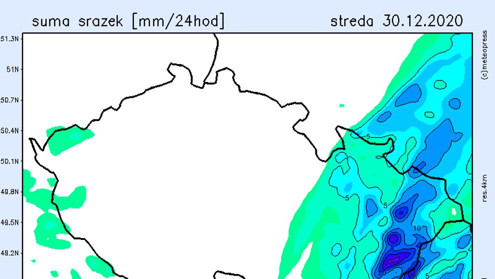 Srážková mapa - středa 30. prosince