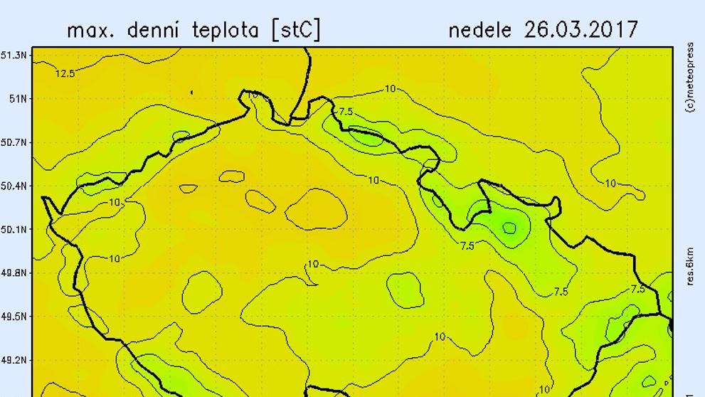 Teplotní mapa - neděle