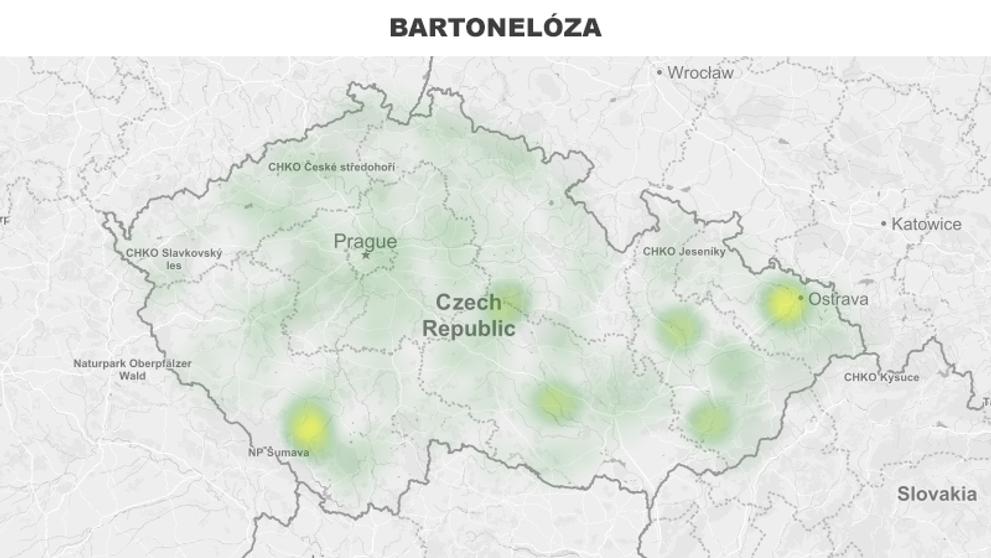 Mapa aktivity klíšťat na území České republiky - BARTONELÓZA