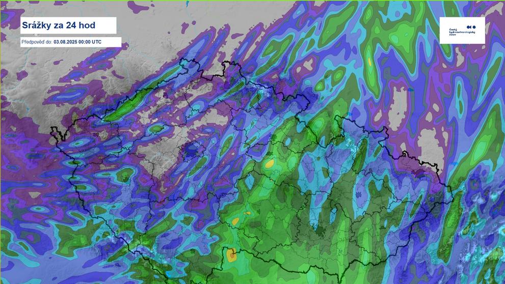 Srážky za 24 hodin – sobota 2. 8. 2025