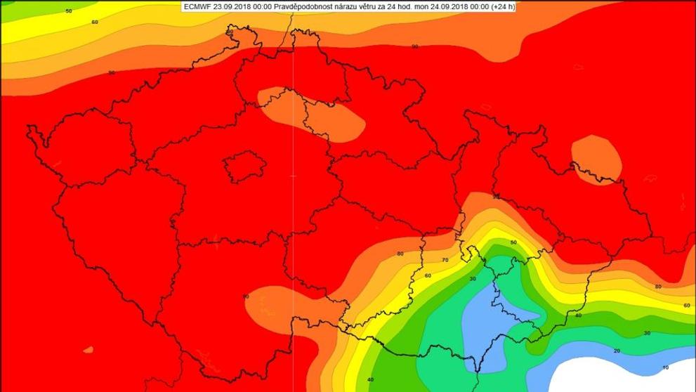 Mapa pravděpodobnosti nárazů větru nad 20 m/s na 24. 9.