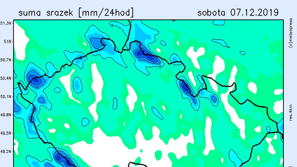 Srážkové mapy - sobota 7. 12. 2019
