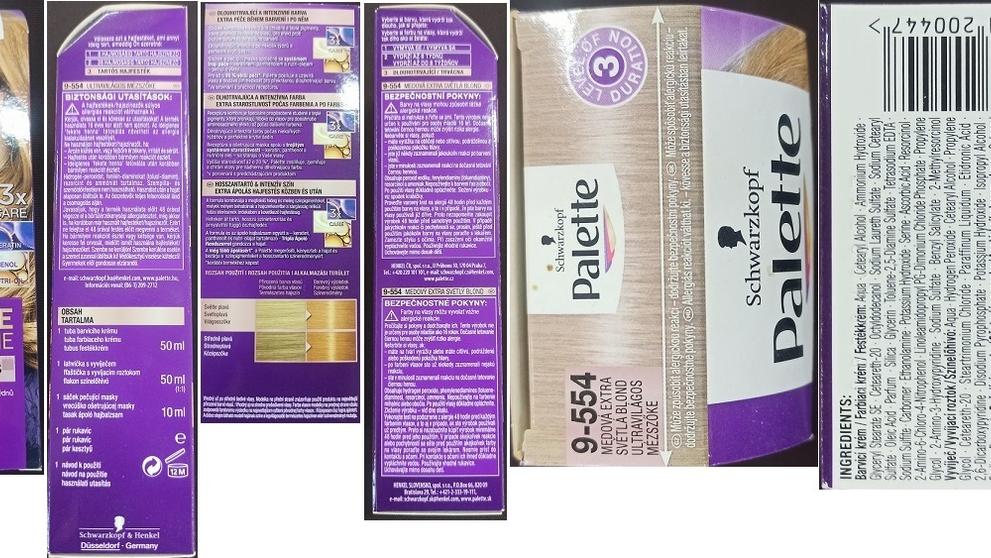 Schwarzkopf, Palette, INTENSIVE COLOR CREME, LONG-LASTING BLONDES, PURE Blondes, 9-554 MEDOVÁ EXTRA SVĚTLÁ BLOND, 3 x CARE