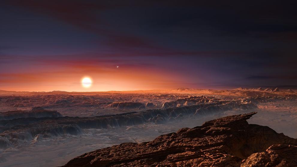 Umělecké zobrazení povrchu Proximy b a hvězdy Proxima Centauri