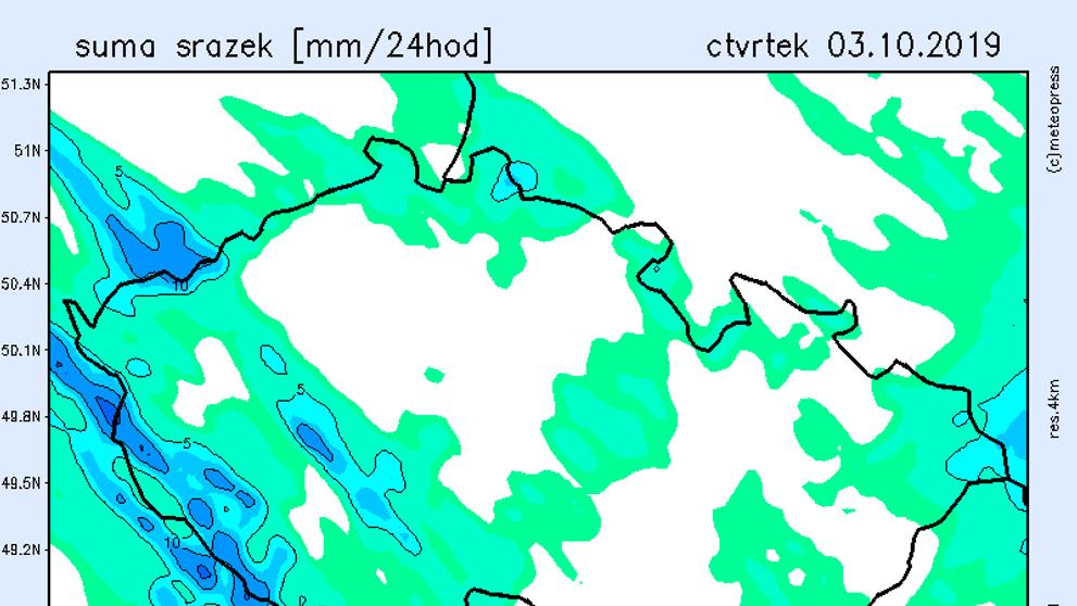 Srážková mapa - čtvrtek 3. 10. 2019