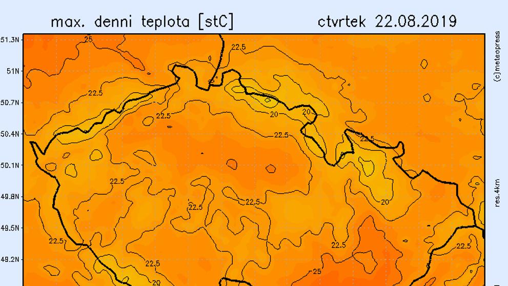 Teplotní mapa - čtvrtek 22. 8. 2019