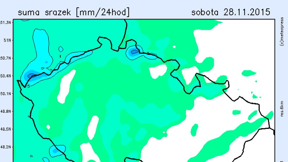Srážková mapa - sobota 28. listopadu