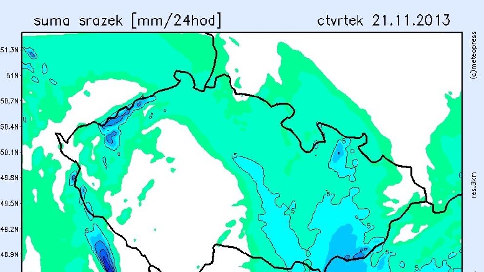 Mapa srážek na čtvrtek