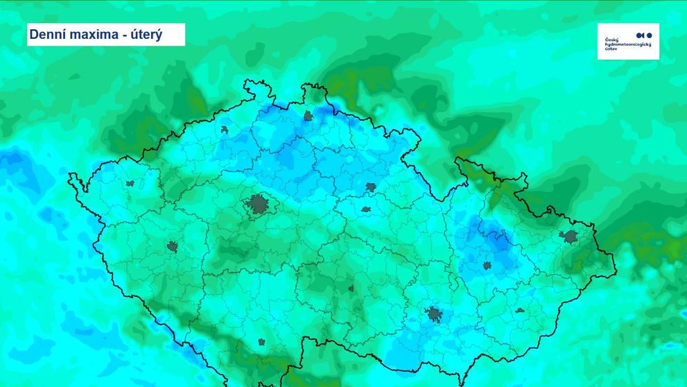 Maximální teploty v úterý 31. prosince 2024