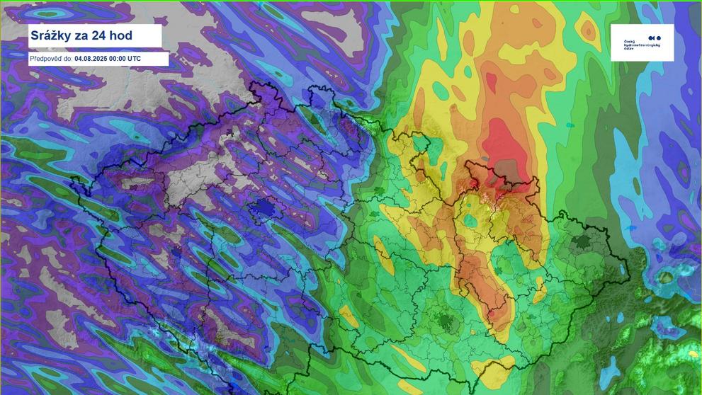 Srážky za 24 hodin – neděle 3. 8. 2025