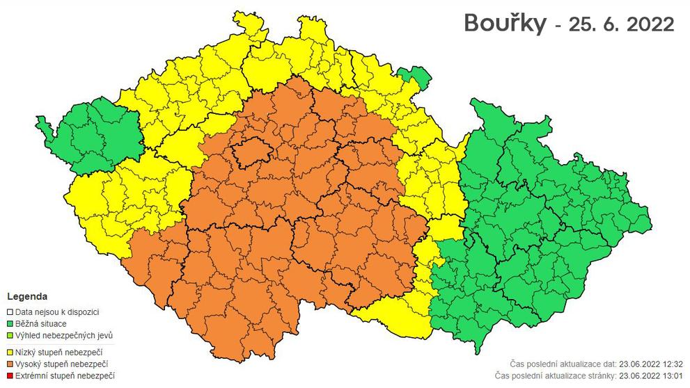 Mapa výstrah - bouřky 25.6.