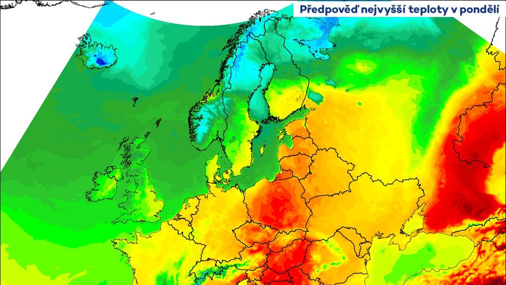 Předpověď nejvyšší teploty v pondělí v Evropě