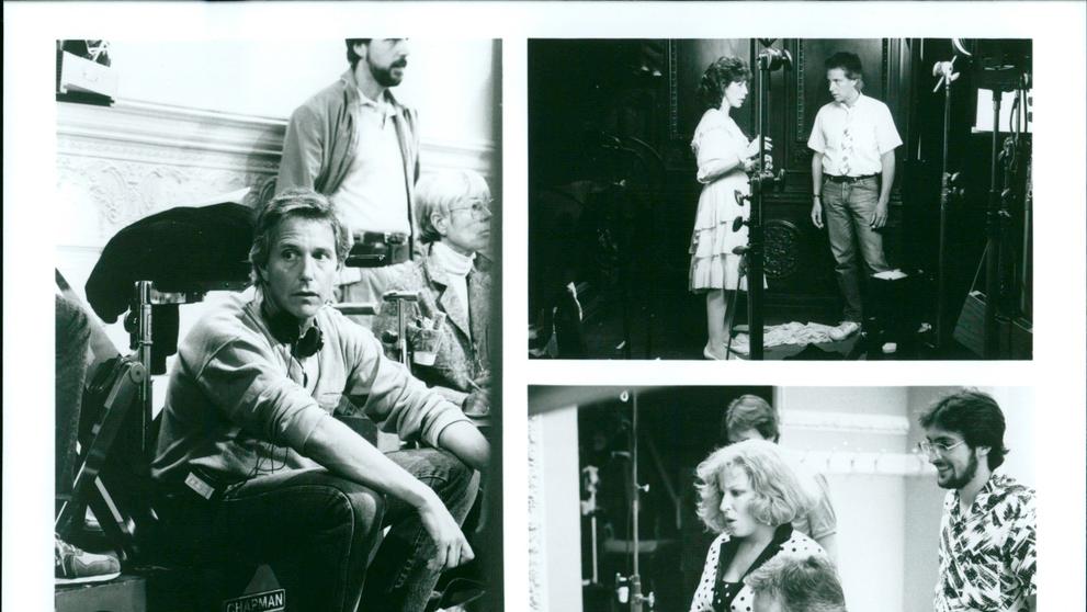 Jim Abrahams a herci Bette Midlerová, Lily Tomlinová během natáčení filmu Kšeft za všechny prachy, 1988
