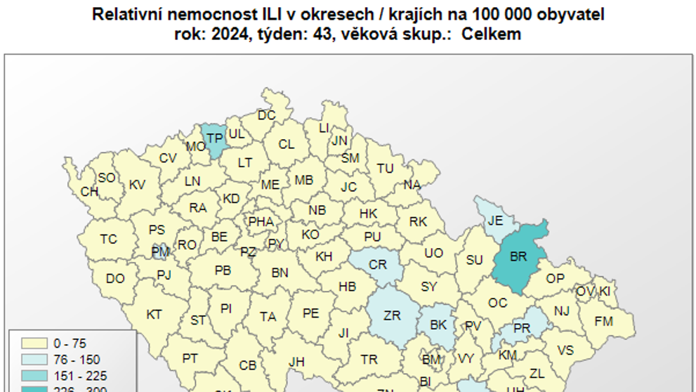 Nemocnost s chřipkovými onemocněními v okresech, 43. týden 2024
