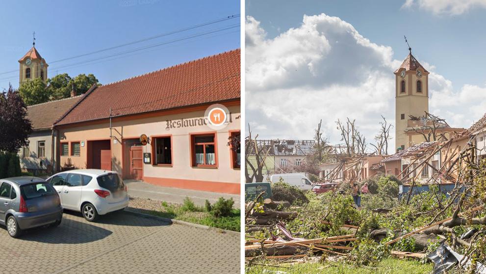 Srovnání - Tornádem zničená místa: kostel v obci Moravská Nová Ves