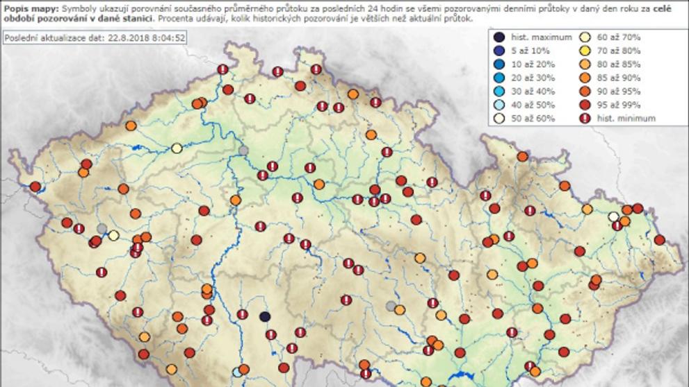 Přehled aktuální vodnosti v tocích ve srovnání s dlouhodobým pozorováním.