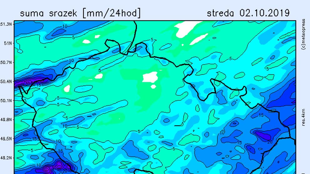 Srážková mapa - středa 2. 10. 2019