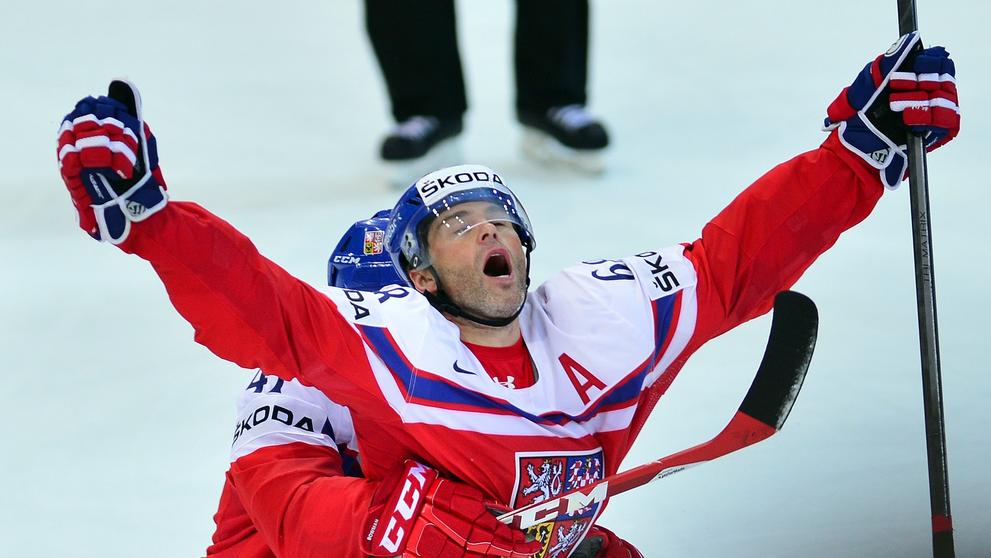 Jaromír Jágr slaví gól ve čtvrtfinále MS (2015)