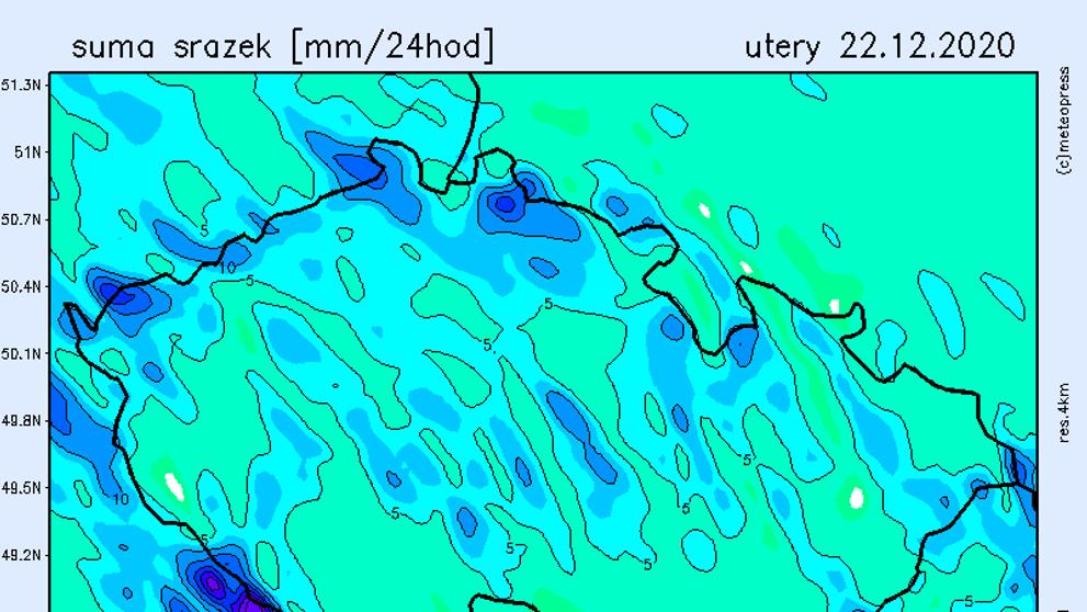 Mapa srážek - úterý 22. 12. 2020