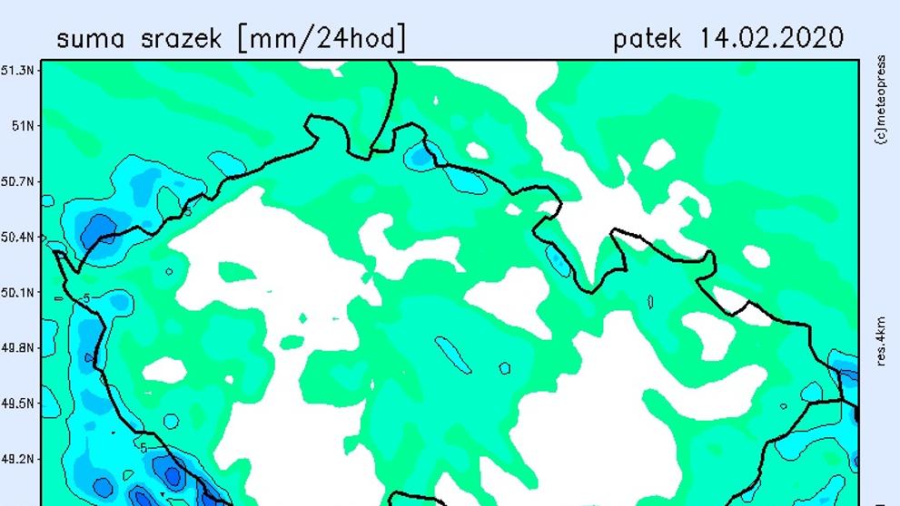 Mapa srážek - pátek 14. února