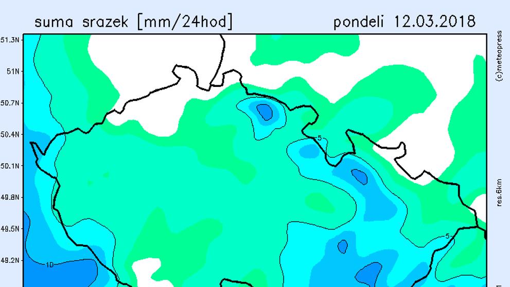 Suma srážek - pondělí 12.3. 2018