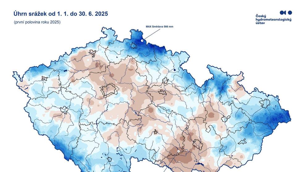 Úhrn srážek od 1. 1. do 30. 6. 2025