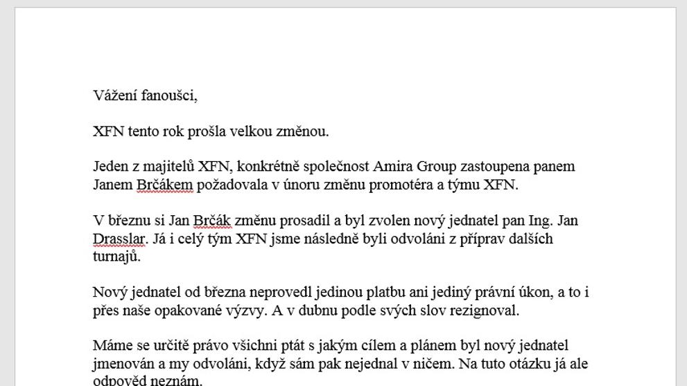 Prohlášení Petra Kareše ke konci XFN