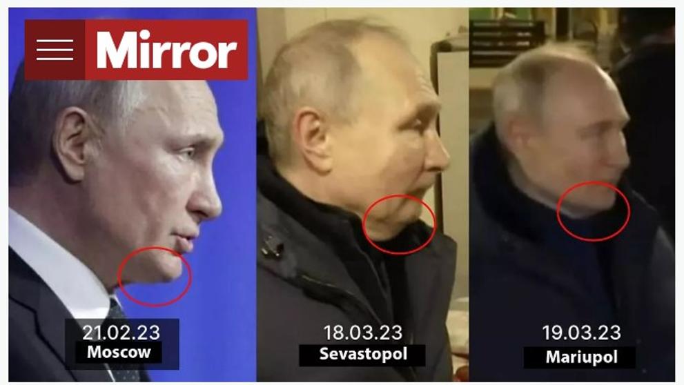 Fotografie, na kterých Daily Mirror srovnává obličej Vladimira Putina