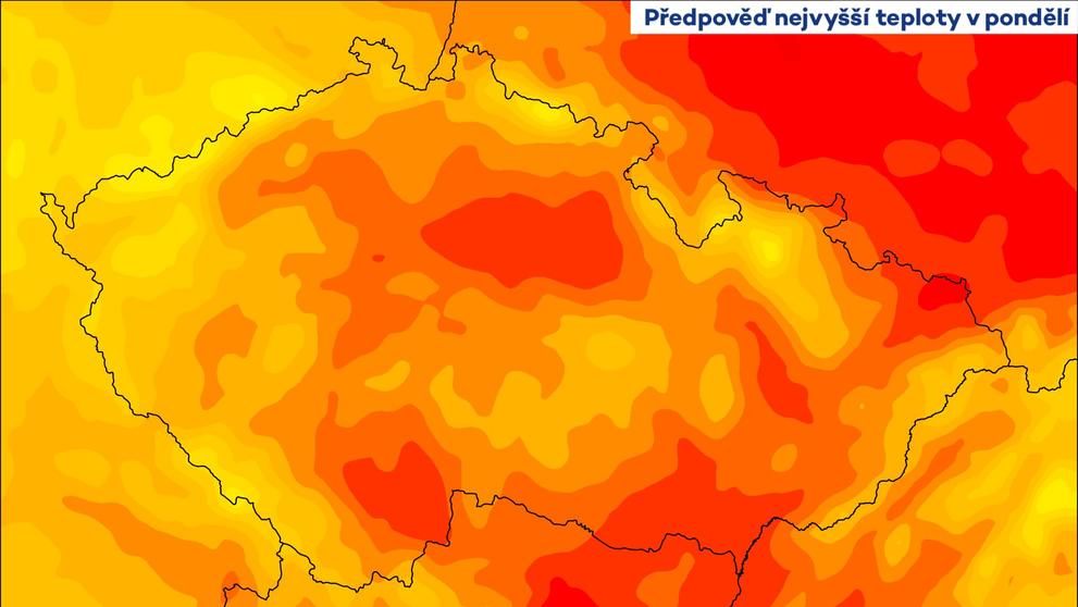 Předpověď nejvyšší teploty v pondělí