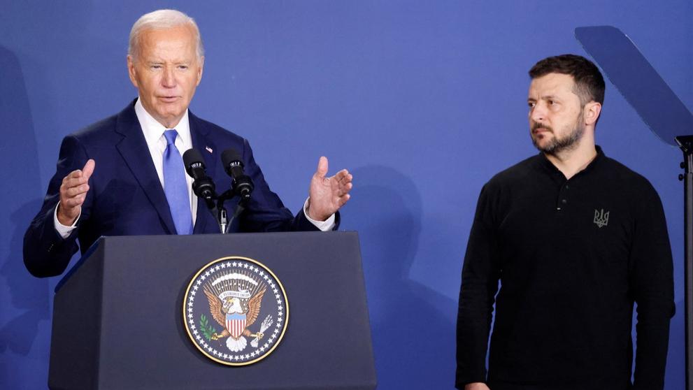 Joe Biden a Volodymyr Zelenskyj na summitu NATO ve Washingtonu D.C., 12. 7. 2024