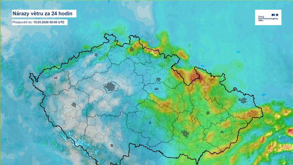 Mapa – nárazy větru za 24 hodin