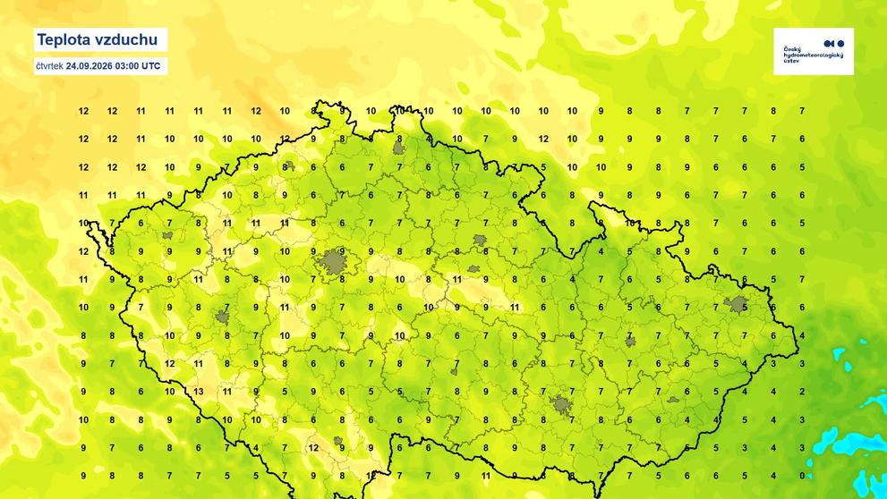 Teplota ve čtvrtek 24. 9. 2026 v 9:00
