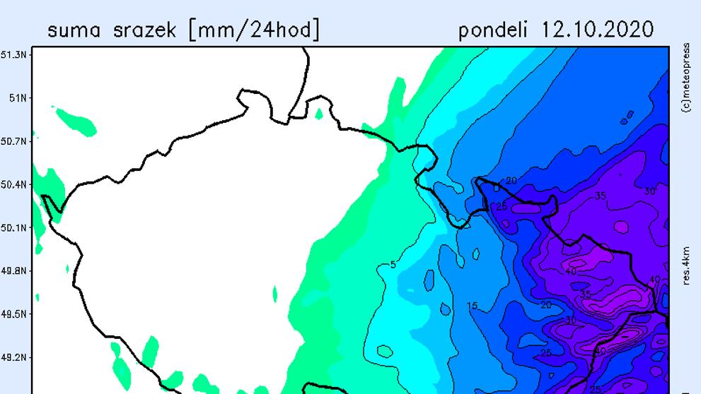 Srážková mapa - pondělí 12. října