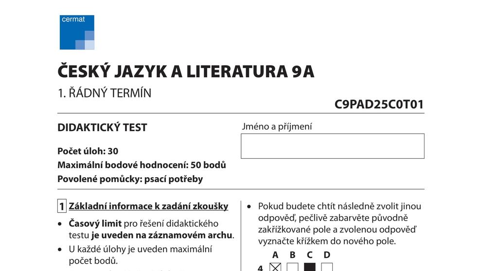 Didaktický test z českého jazyka a literatury - 1. řádný termín  (1)